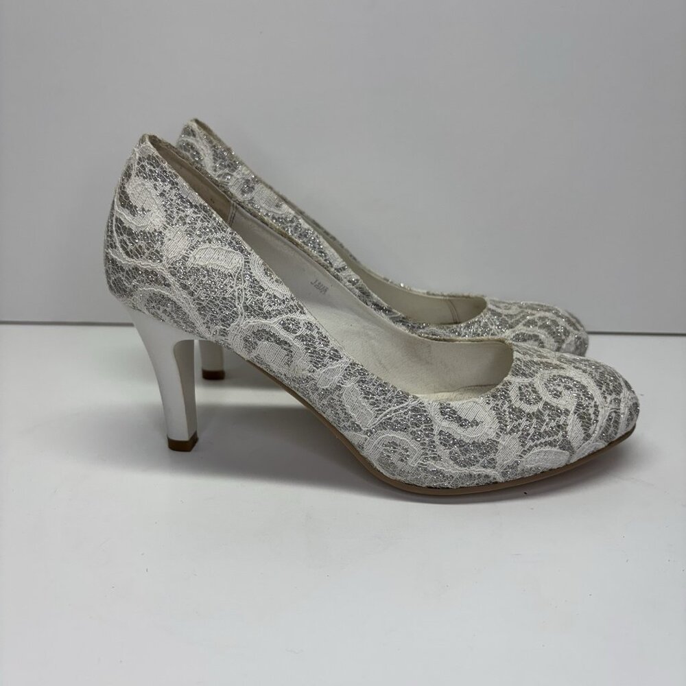 Verona Ladies High‎ Heel Court Lace Design White Silver Wedding Shoes 37 Shiny